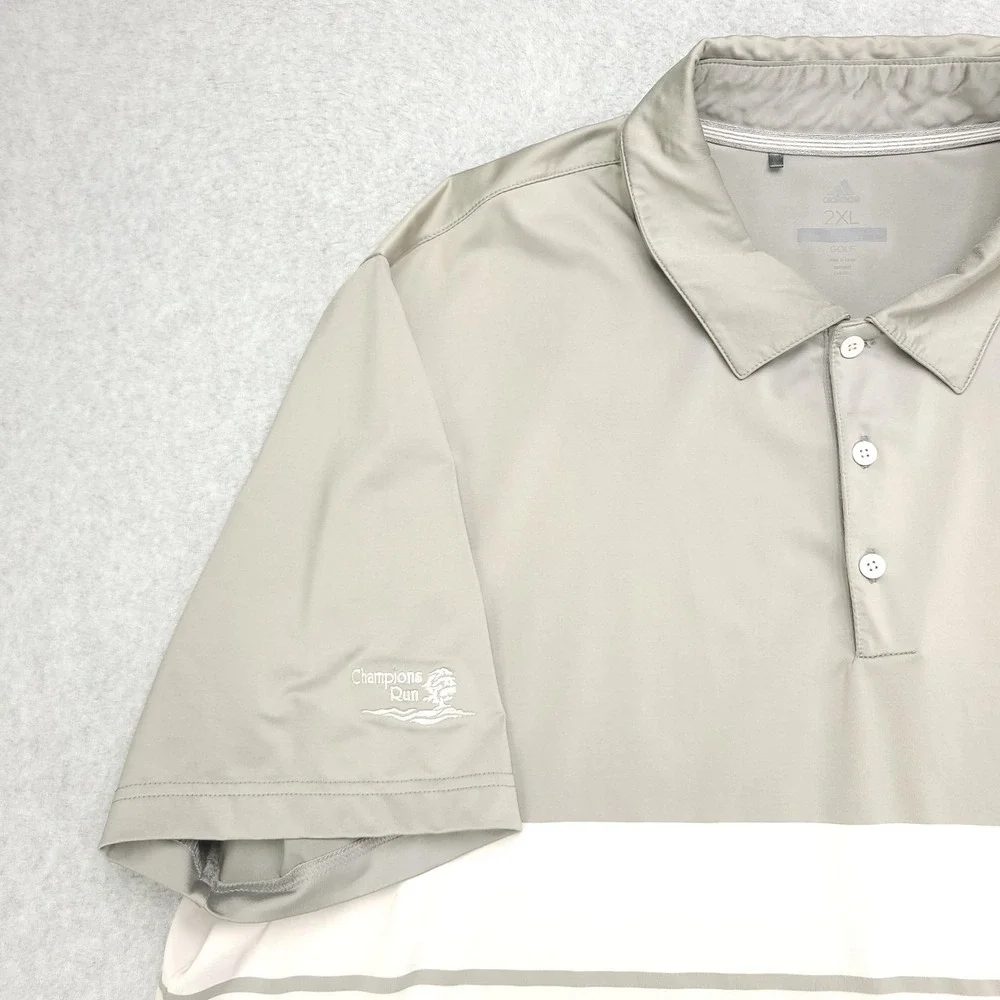 Adidas Golf Polo Shirt Mens 2XL Gray White Stripe Champions Run Golf Performance
